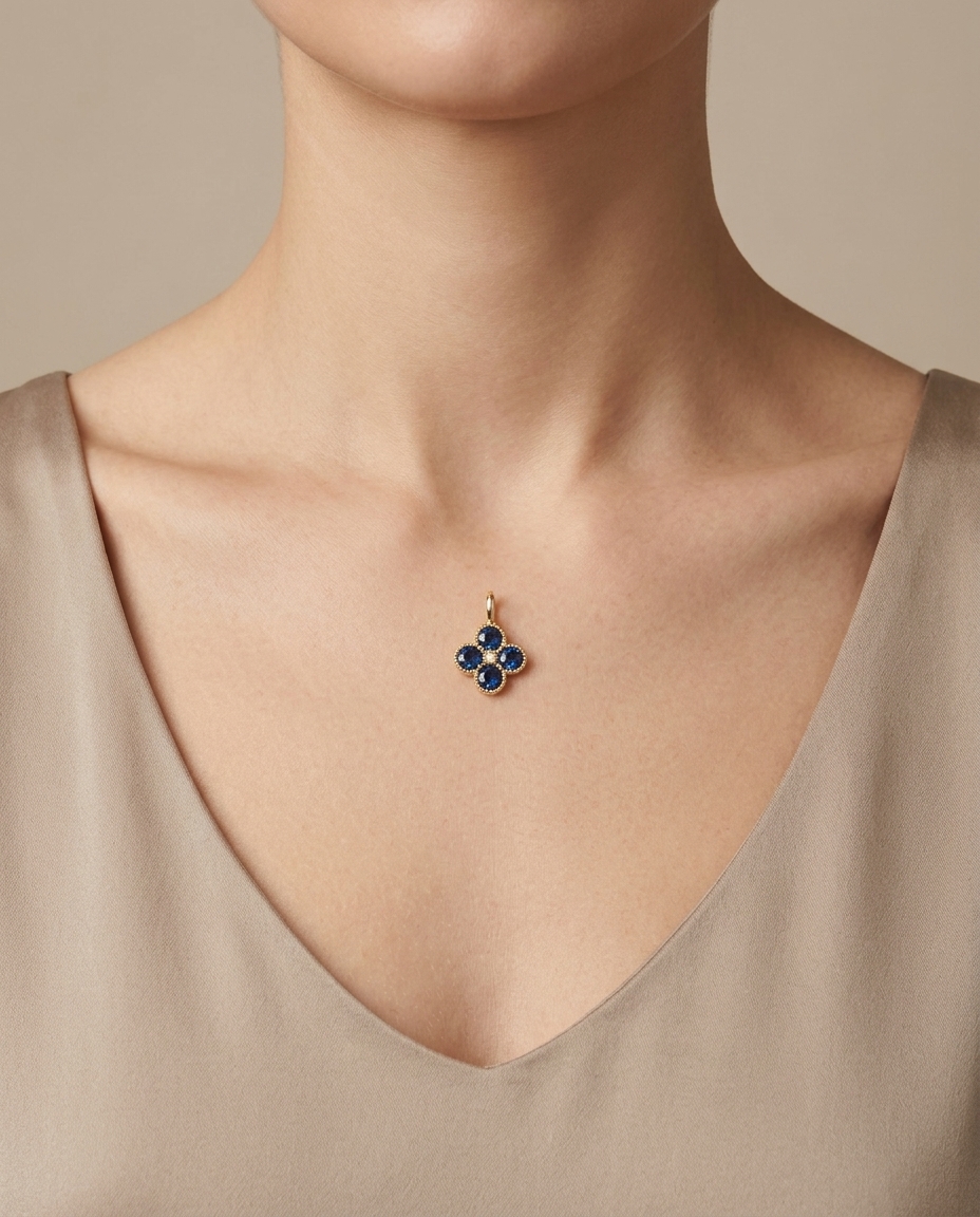 14KT Gold Blue Sapphire Clover Pendant view 2