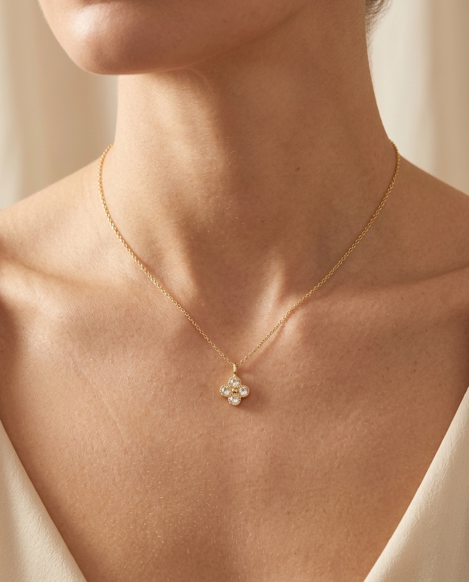 14KT Gold Diamond Clover Pendant on model