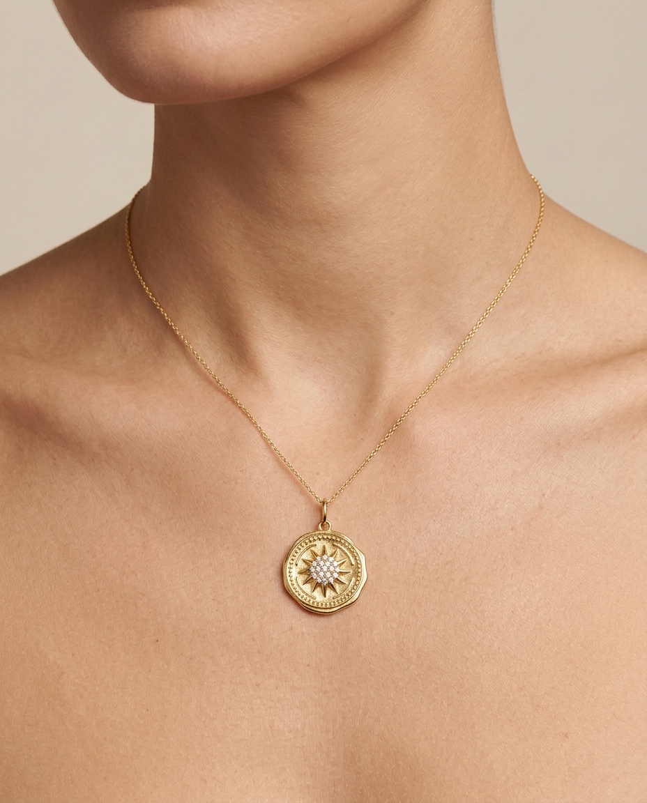 14KT Yellow Gold Diamond Starburst in Gold Coin Pendant view 2