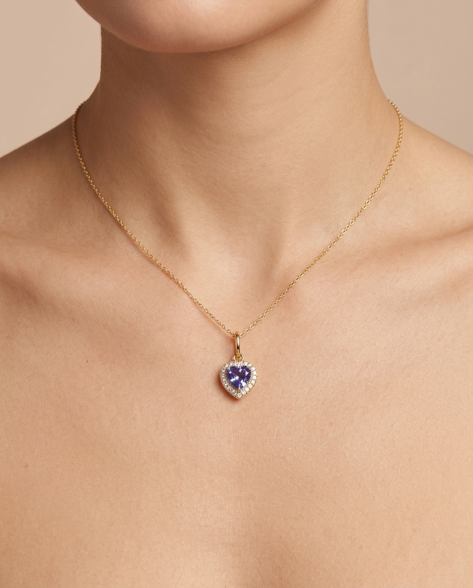 14KT Yellow Gold Heart Pendant with Sapphire and Diamonds on model