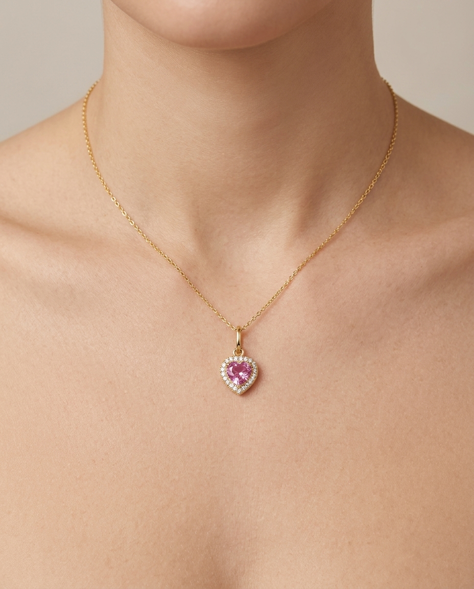 14KT Yellow Gold Heart Pendant with Pink Sapphire and Diamonds on model