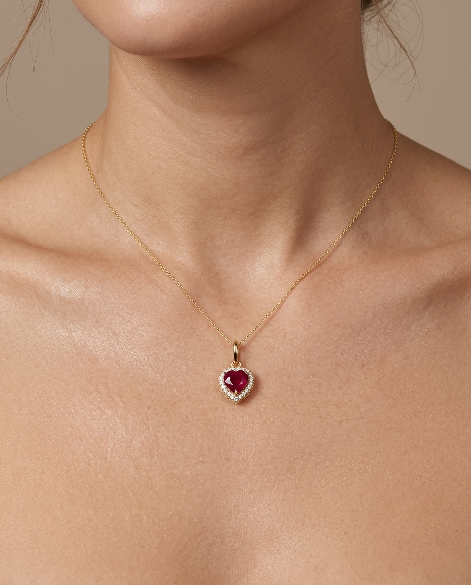 14KT Yellow Gold Heart Pendant with Ruby and Diamonds view 2