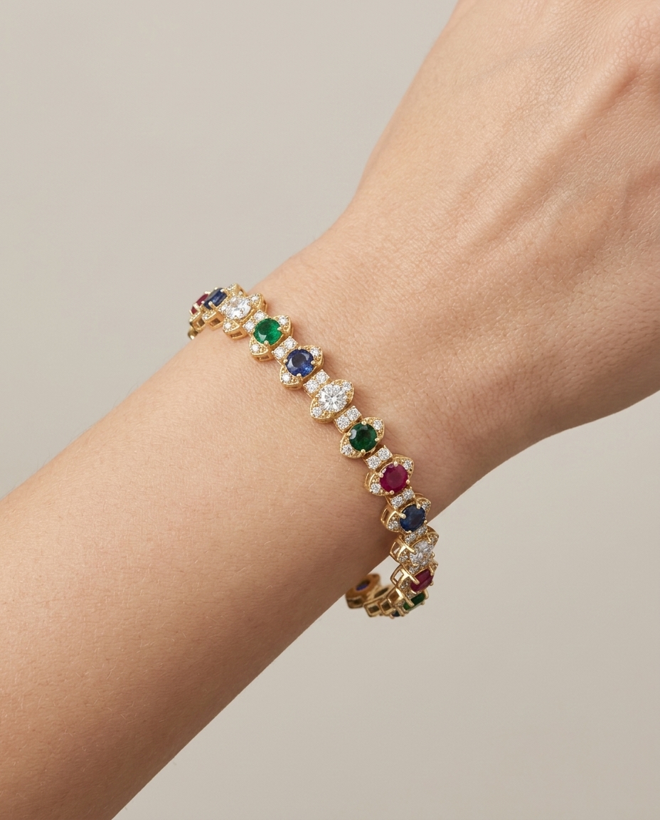 14KT Yellow Gold Diamond and Multi Sapphire Bracelet view 2