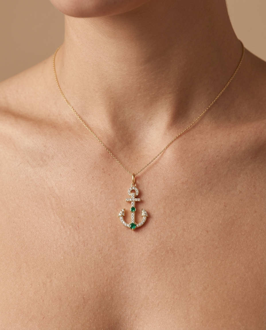 14KT Yellow Gold Emerald Pendent with Diamonds on model