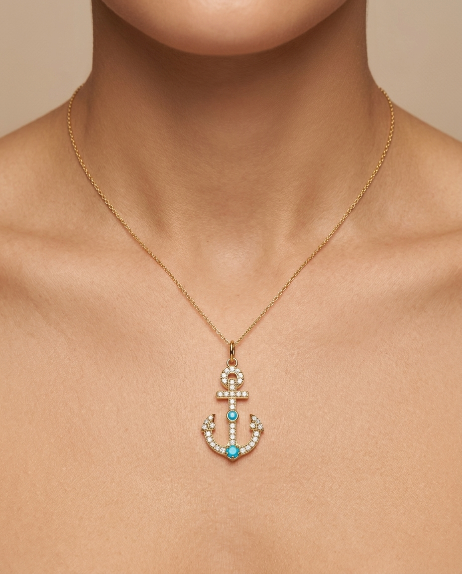 14KT Yellow Gold Turquoise Pendant with Diamonds on model