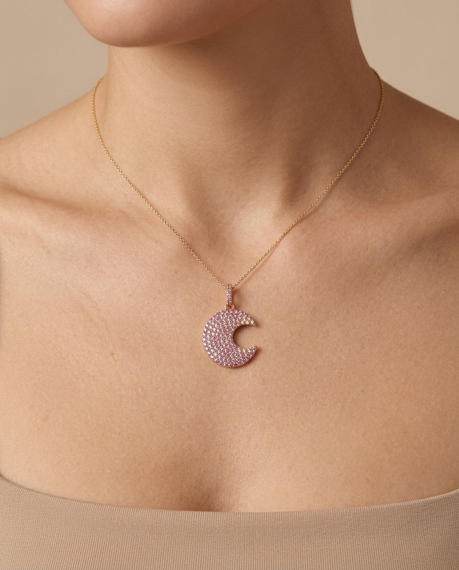 14KT Yellow Gold Half Moon Pendant with Pink Sapphire view 2