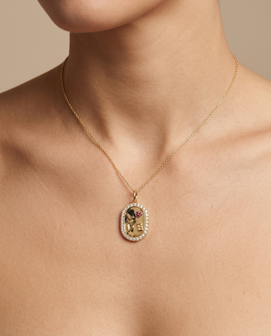 14KT Yellow Gold Pendant with Diamonds and Ruby on model