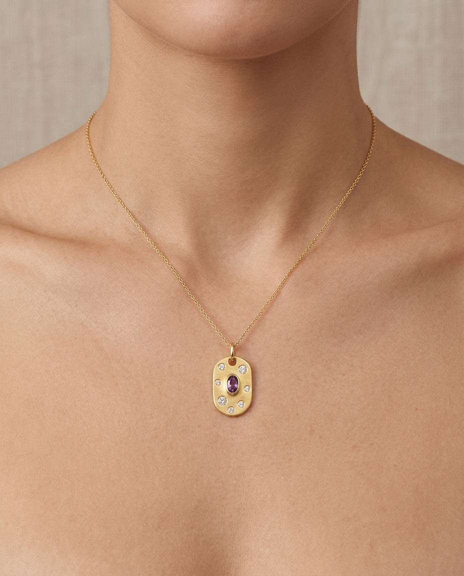 14KT Yellow Gold Pendant with Diamonds and Pink Sapphire view 2
