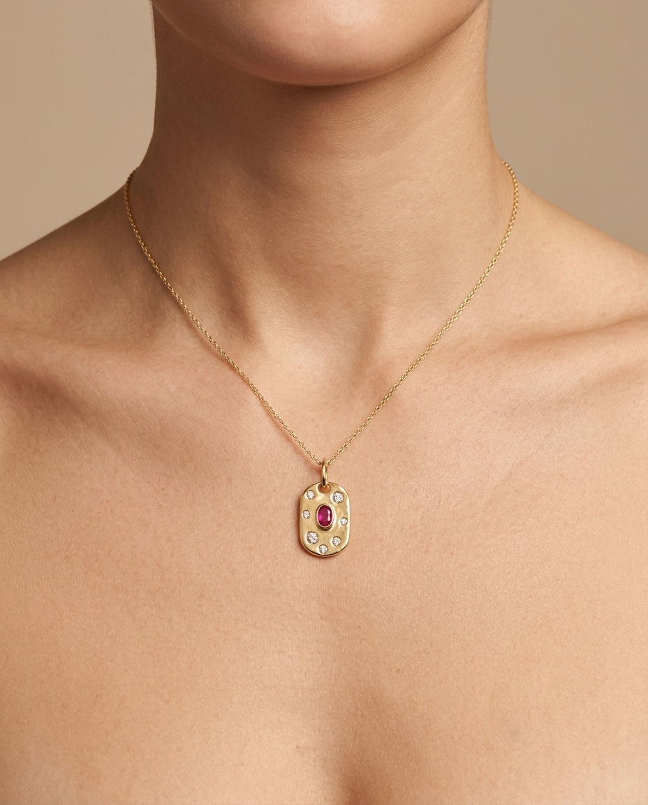 14KT Yellow Gold Pendant with Diamonds and Ruby on model