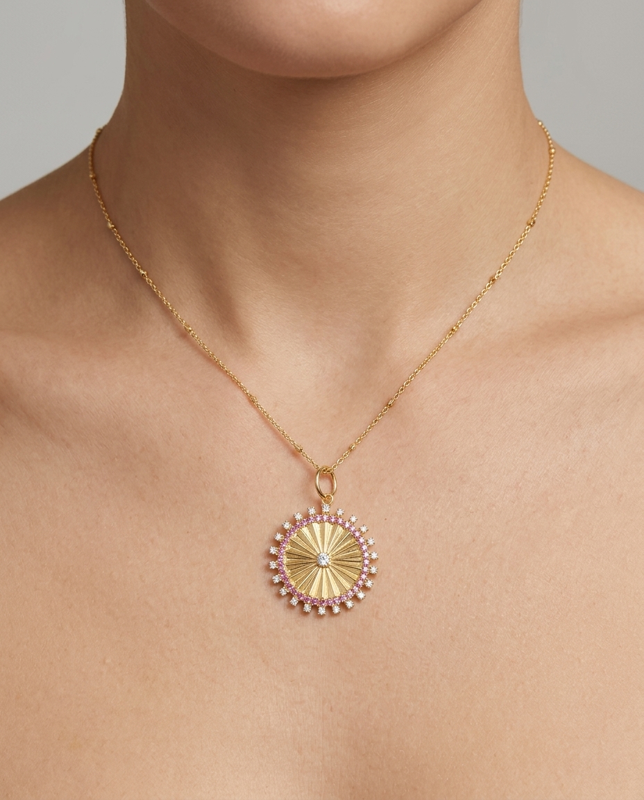 14KT Yellow Gold Diamond and Pink Sapphire Circle Pendant on model