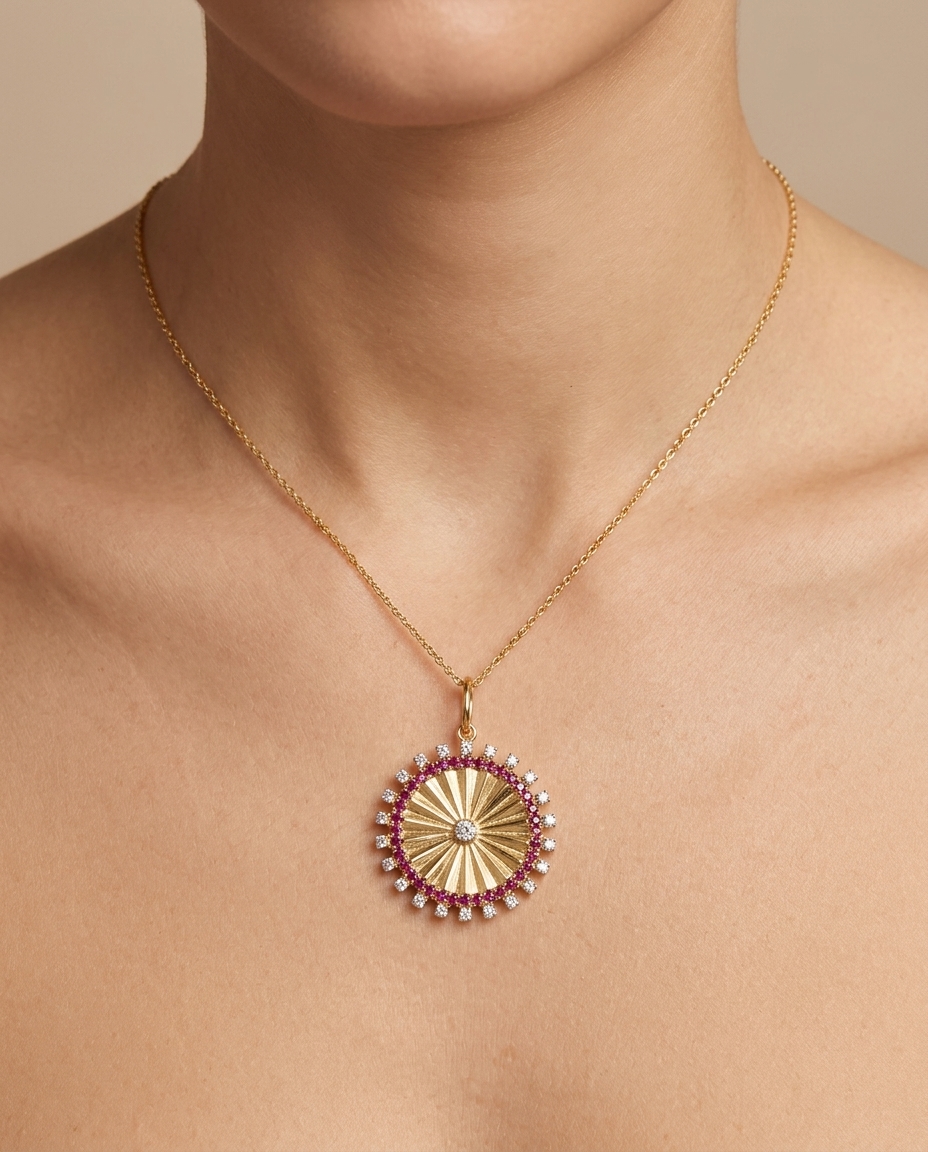 14KT Yellow Gold Diamond and Ruby Circle Pendant on model