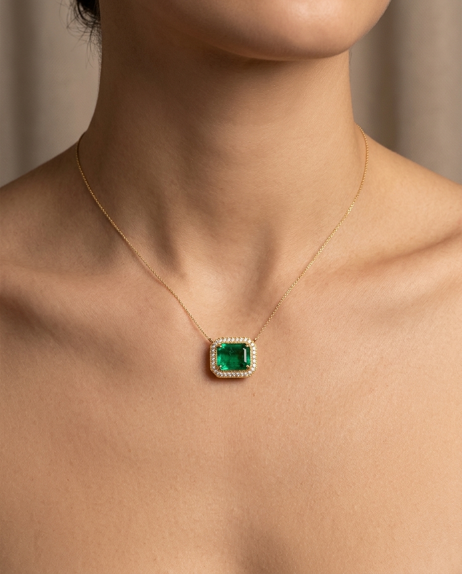 14KT Yellow Gold Diamond and Emerald Pendant view 2