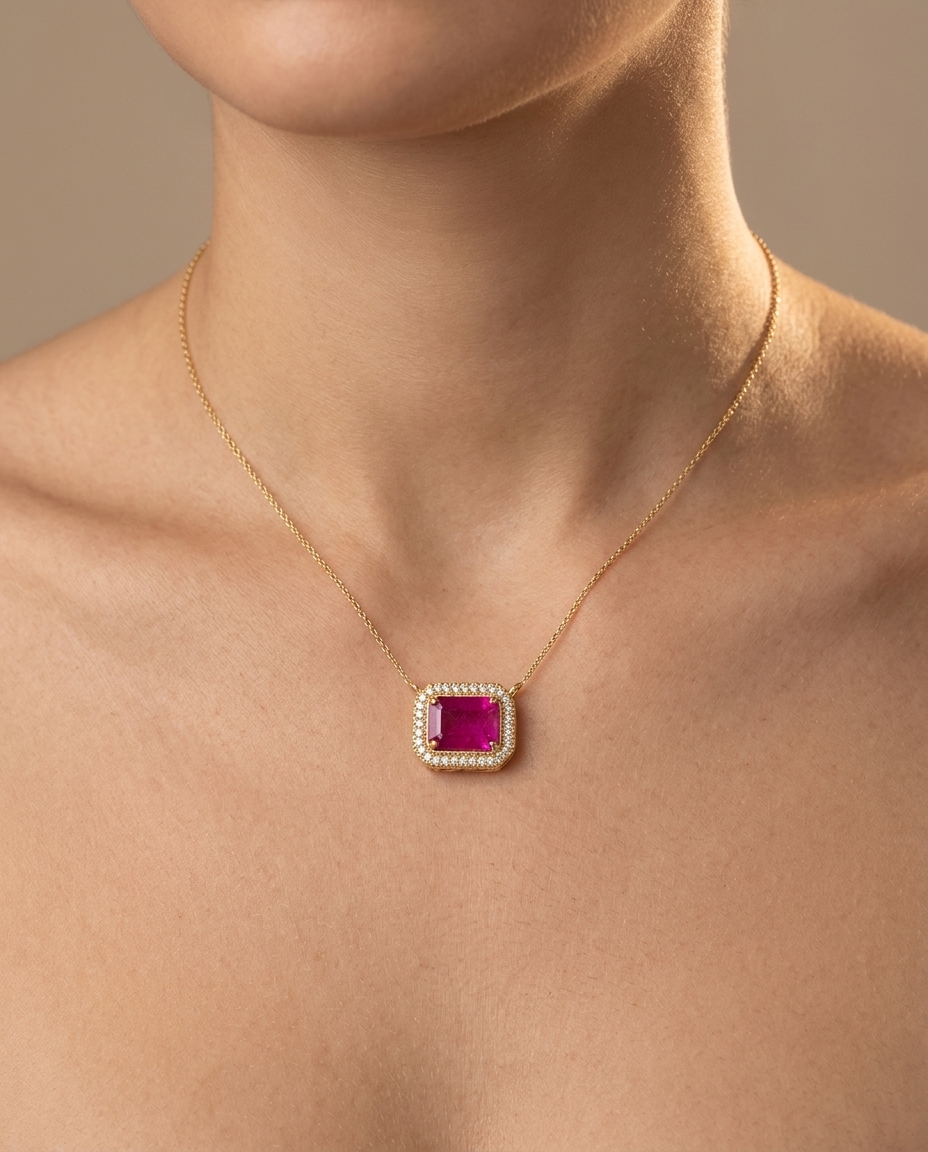 14KT Yellow Gold Diamond and Ruby Pendant on model