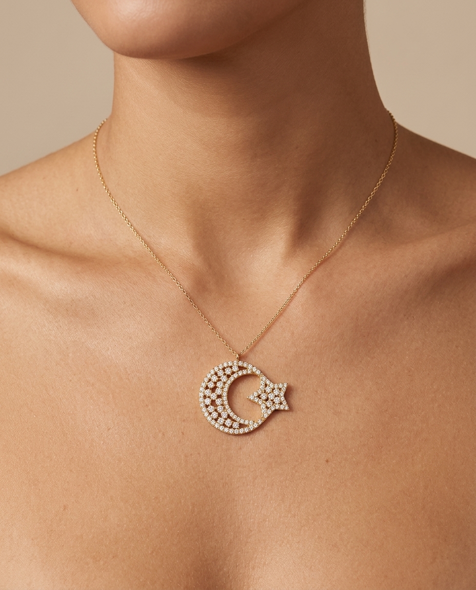 14KT Gold Half Moon and Star Diamond Pendant on model
