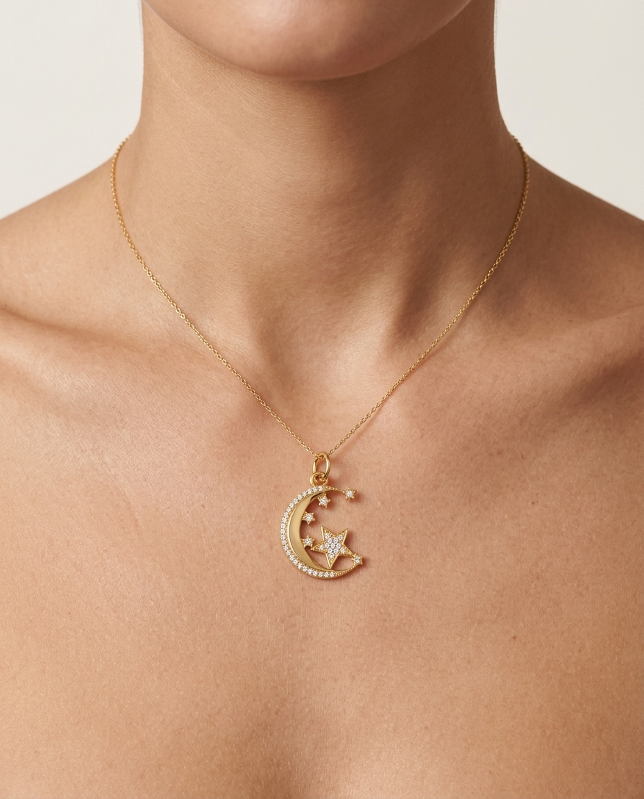 14KT Gold Half Moon and Star Diamond Pendant on model