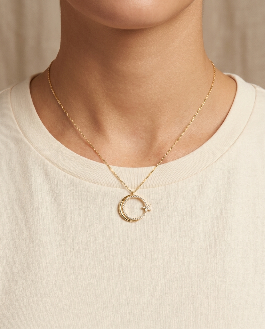 14KT Gold Half Moon and Star Diamond Pendant on model