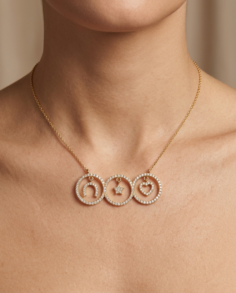 14KT Gold Triple Circle Pendant with Diamonds on model