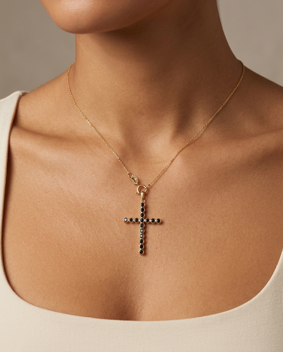 14KT Gold Black Diamond Cross Pendant view 2