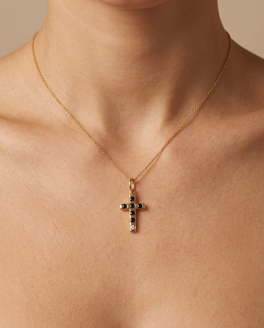 14KT Gold Black Diamond Cross Pendant view 2