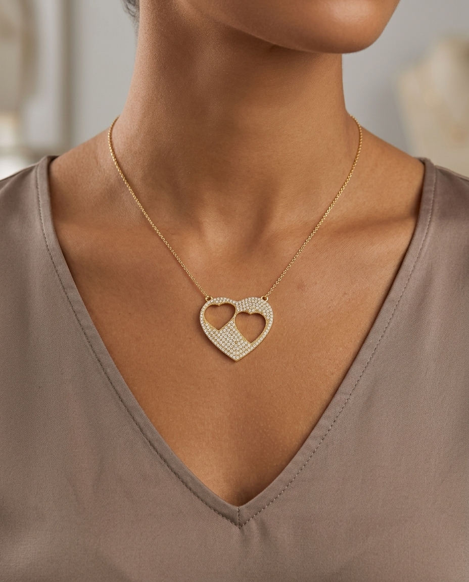 14KT Yellow Gold Diamond Heart Pendant on model