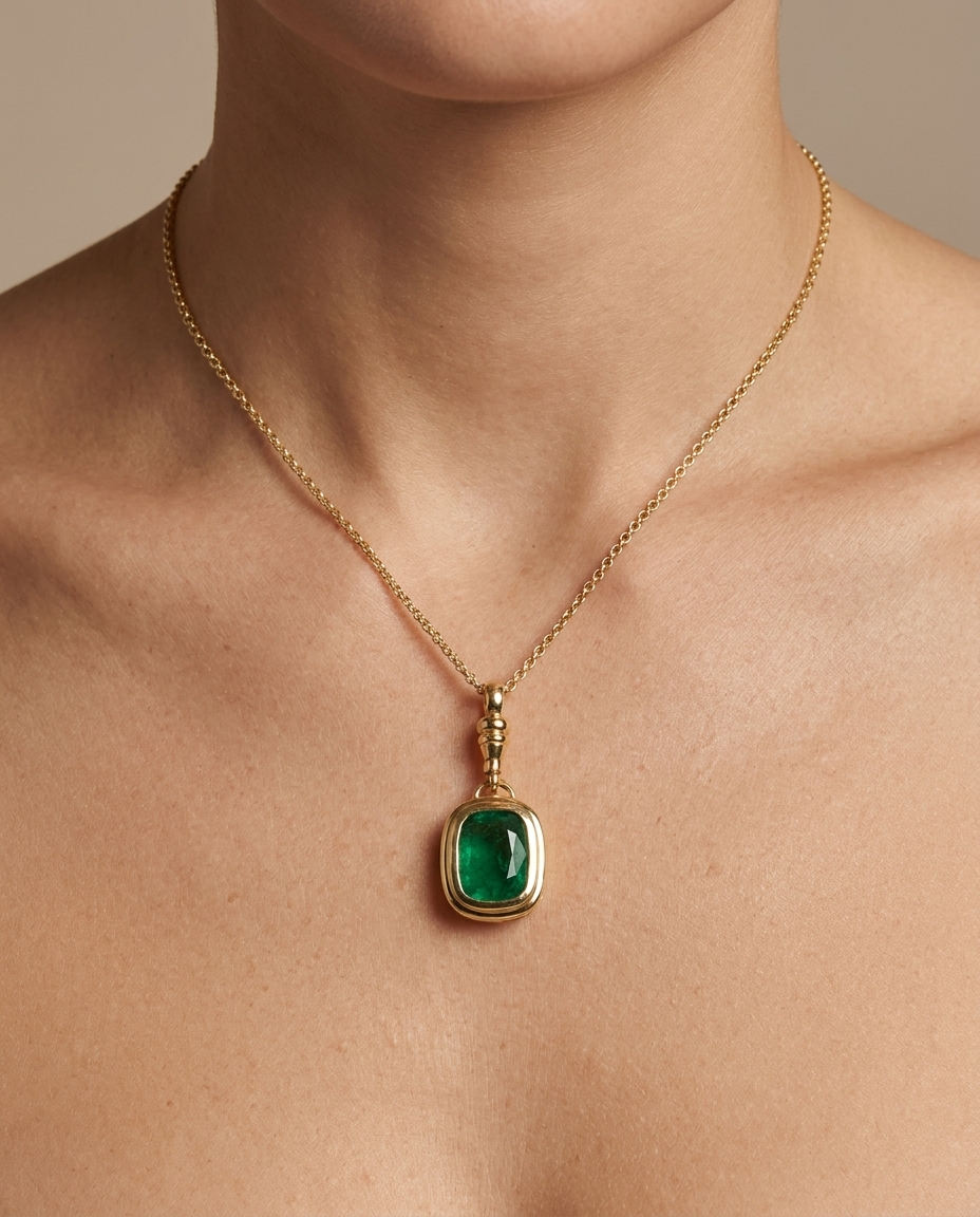 14KT Gold Emerald Pendant on model