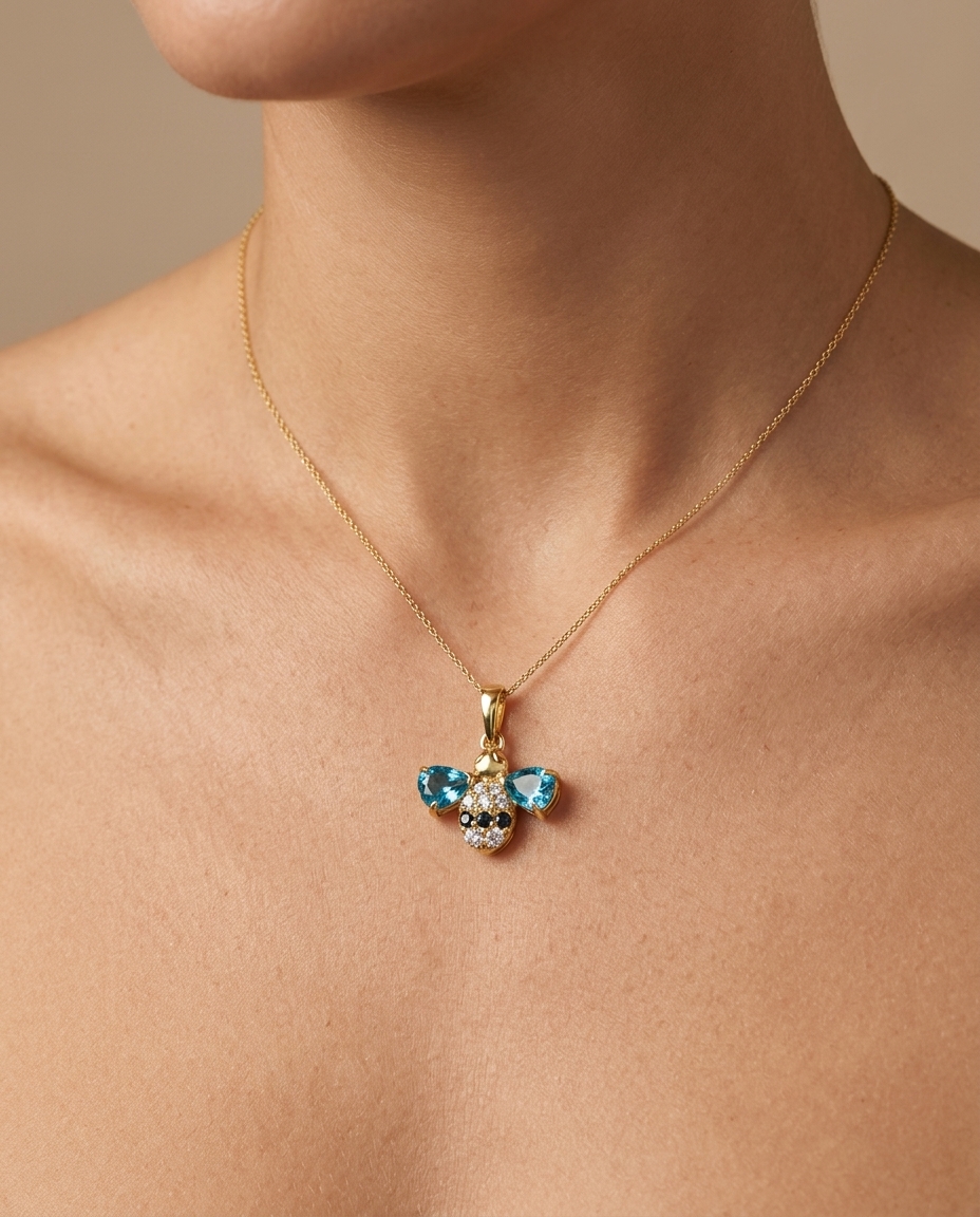 14KT Yellow Gold Blue Sapphire and Diamonds Bee Pendant view 2