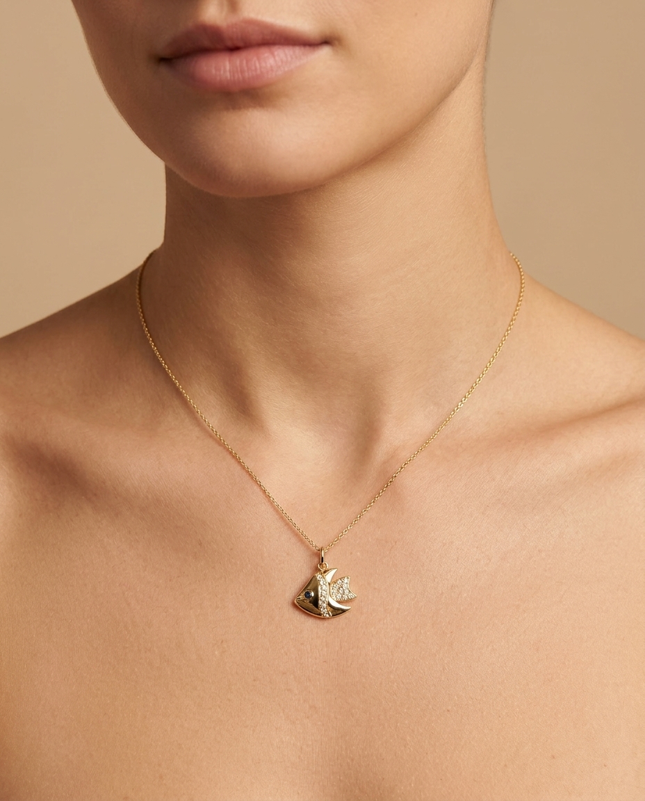 14KT Gold Blue Sapphire with Diamonds Fish Pendant view 2