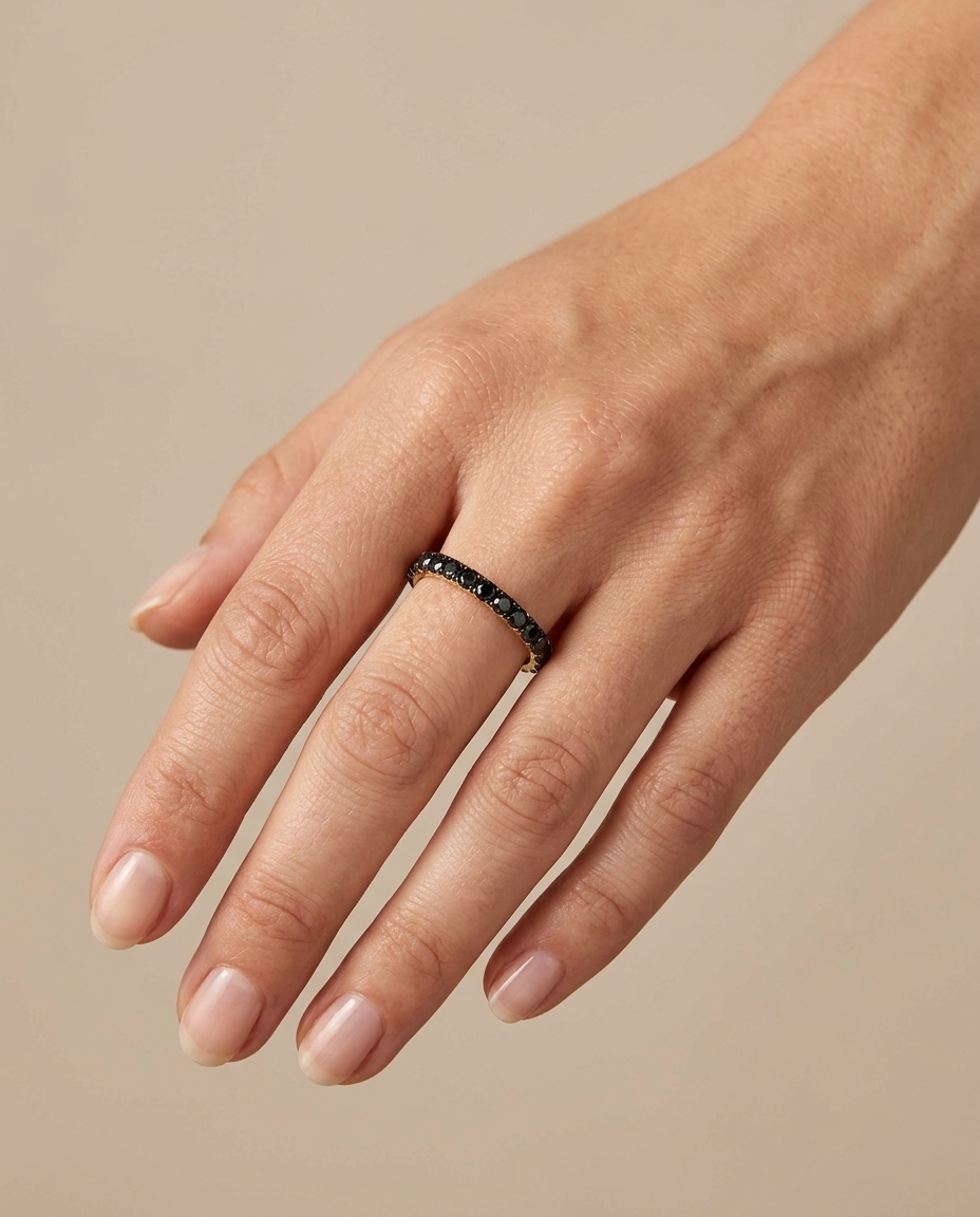 14KT Yellow Gold Black Diamond Etrnity Band on model