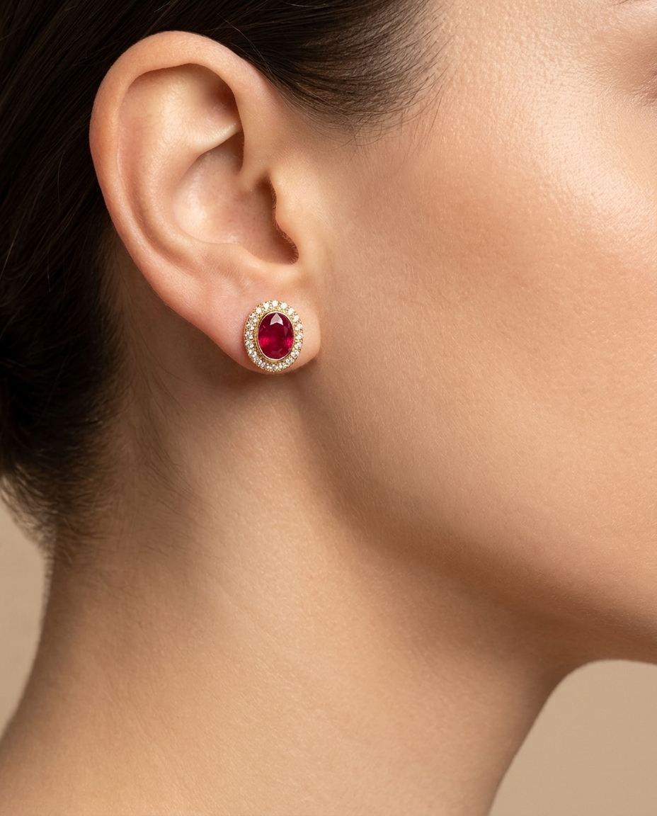 14KT Yellow Gold Ruby with Diamond Earring on model