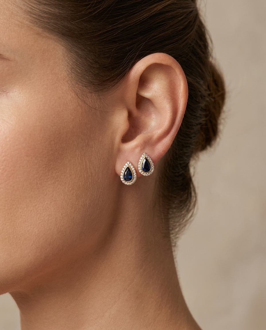14KT Yellow Gold Blue Sapphire Earring with Diamonds on model