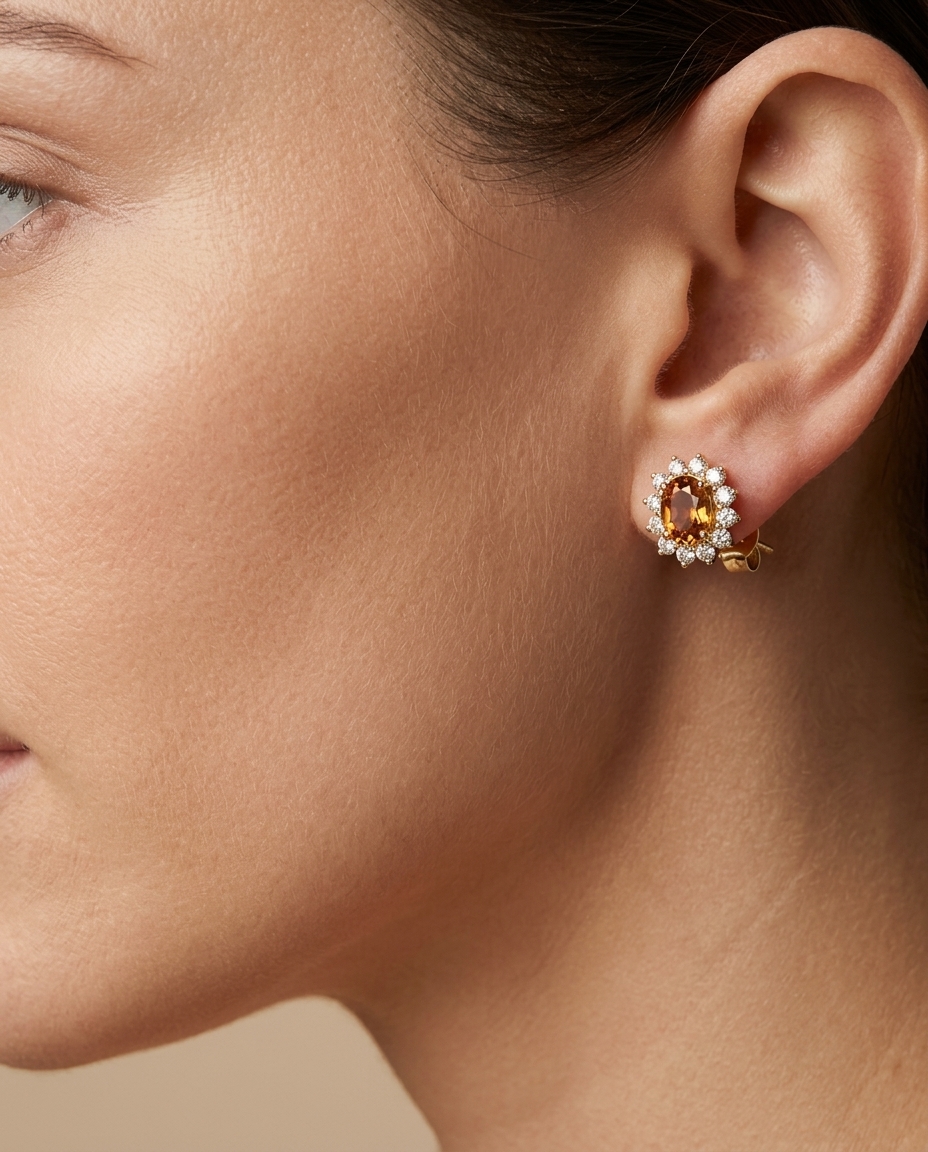 14KT Yellow Gold Orange Sapphire and Diamond Earrings view 2