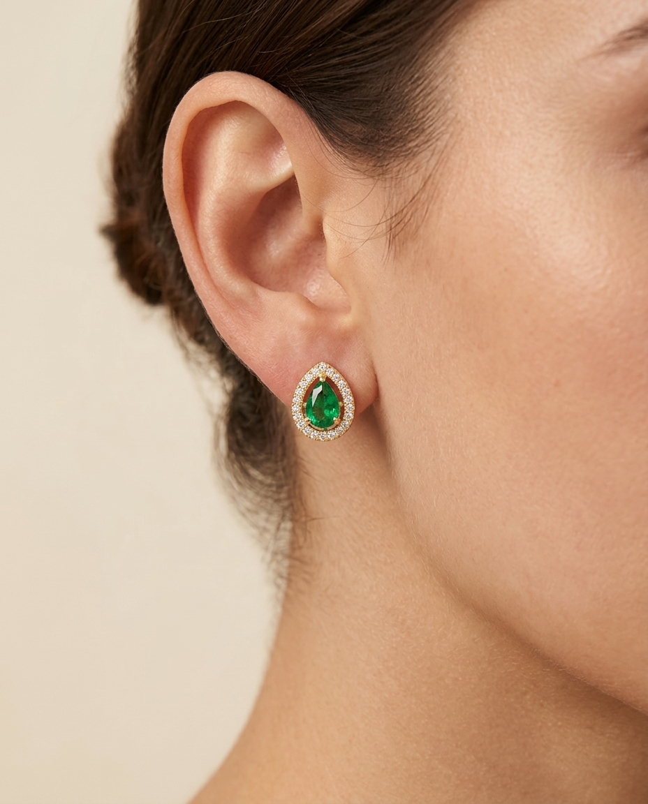 14KT Yellow Gold Emerald and Diamonds Earring view 2