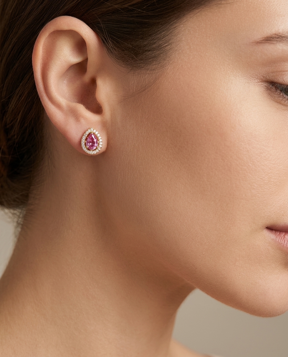 14KT Yellow Gold Pink Sapphire and Diamonds Earring on model