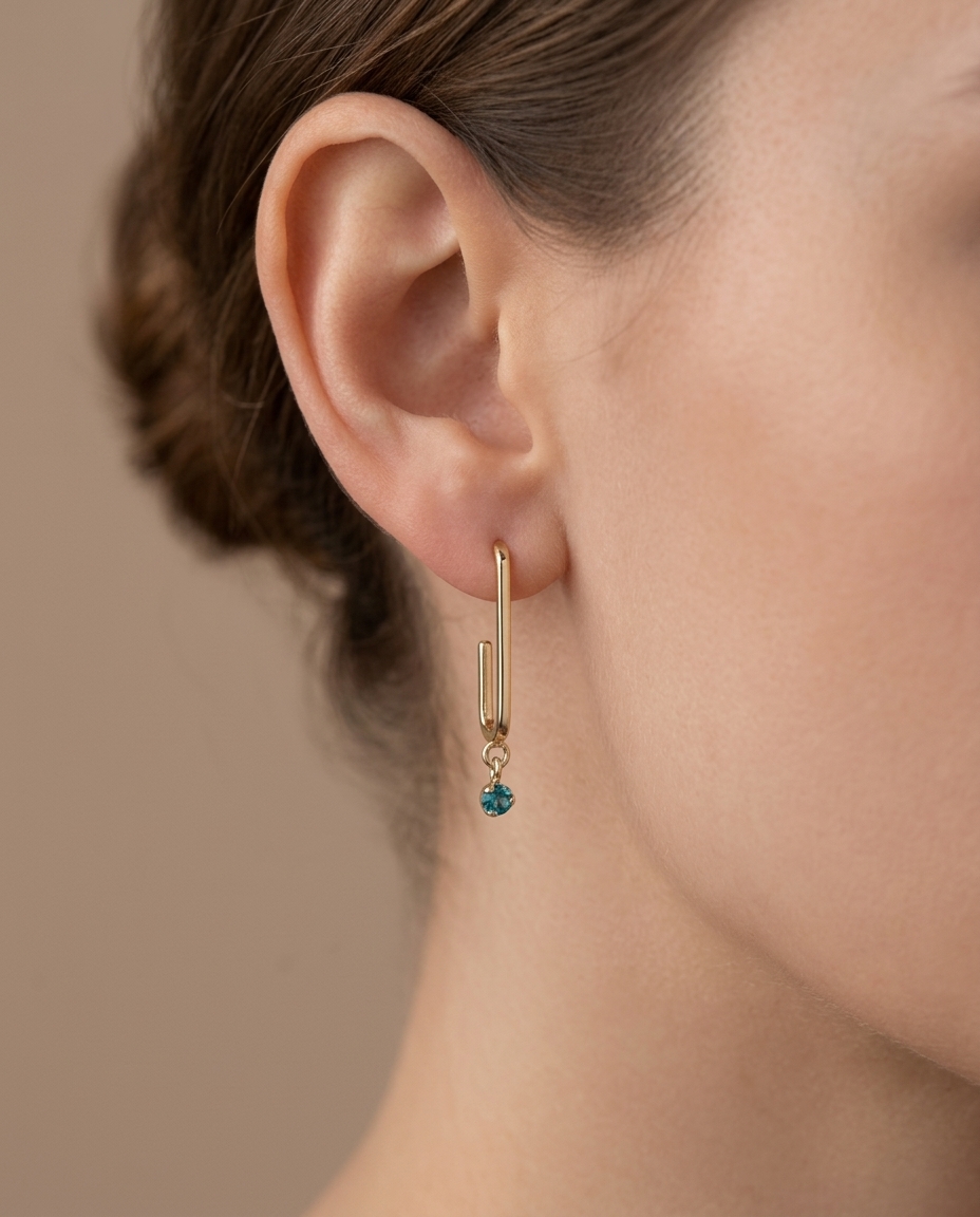 14KT Yellow Gold Huggie with Hanging Emerald Earring view 2