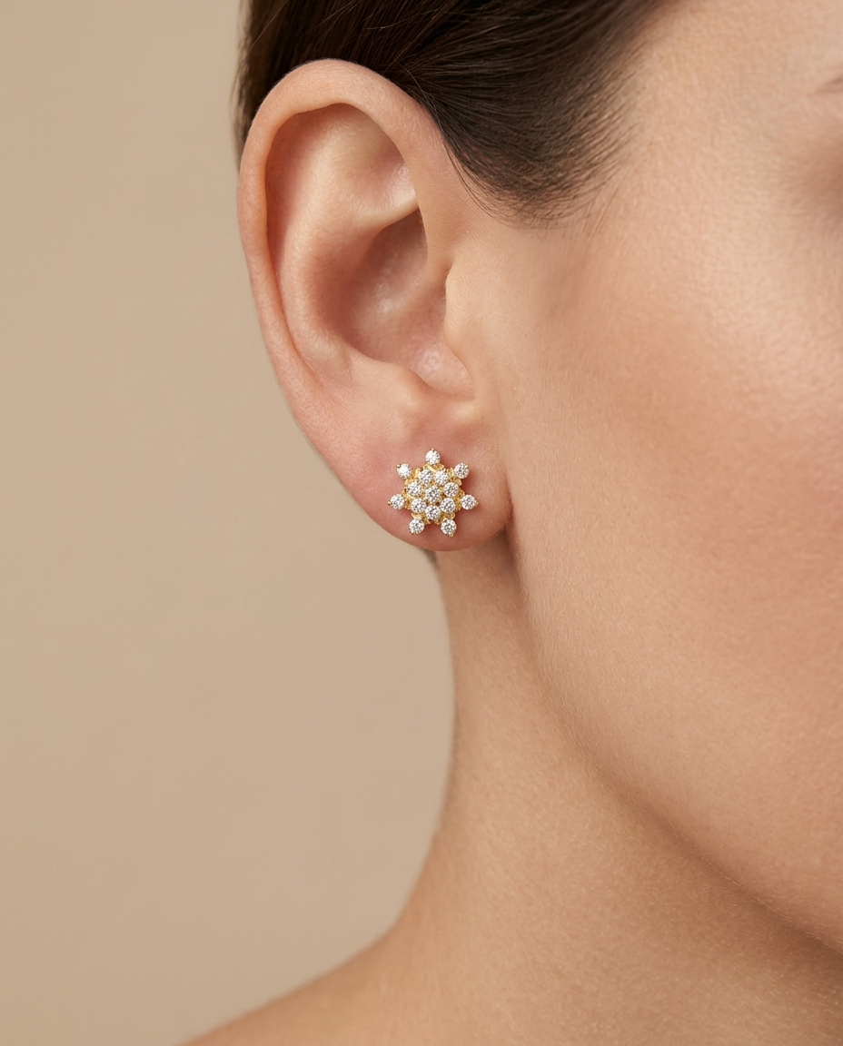 14KT Yellow Gold Diamond Flower Earring on model