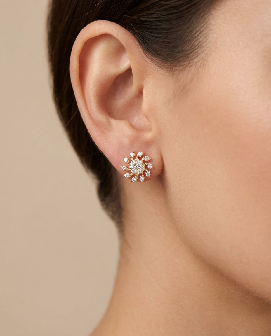14KT Yellow Gold Flower Earring with Diamonds on model