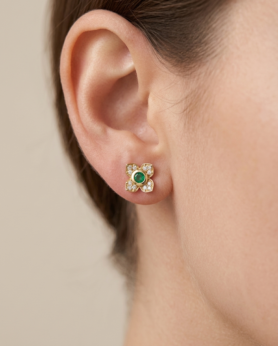 14KT Gold Emerald Flower Earring view 2