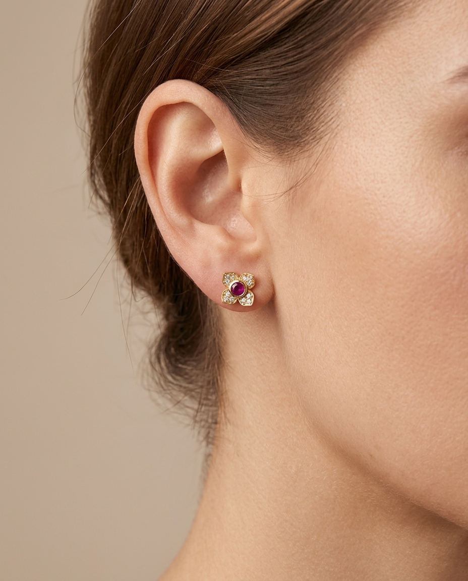 14KT Gold Ruby Flower Earring on model