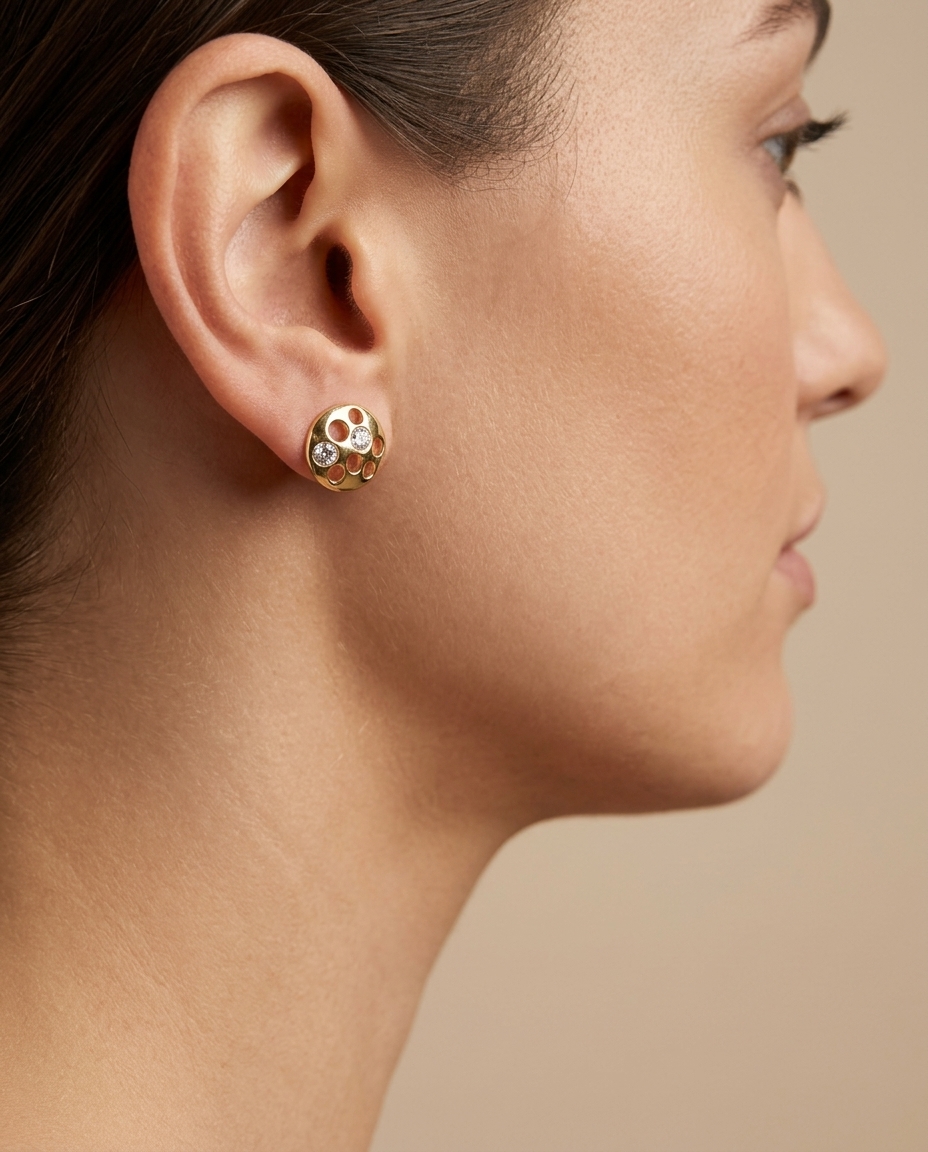 14KT Gold Round Earring with Diamonds on model