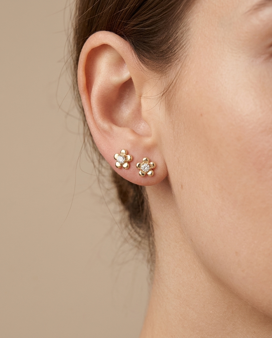 14KT Gold Diamond Flower Earring on model
