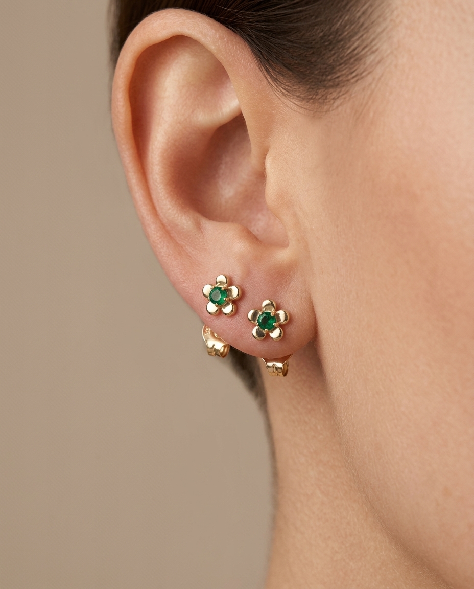 14KT Gold Green Sapphire Flower Earring on model