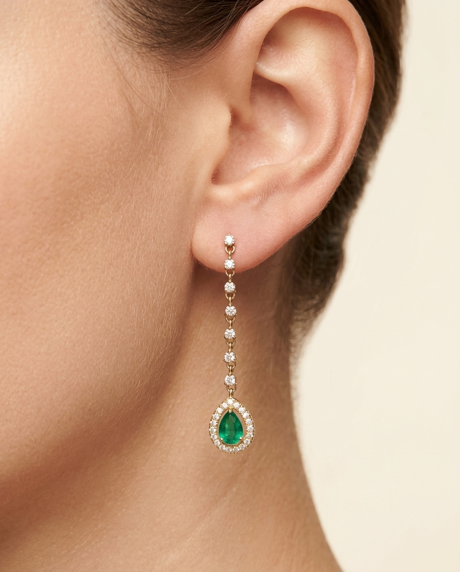 14KT Yellow Gold Emerald and Diamonds Earring view 2