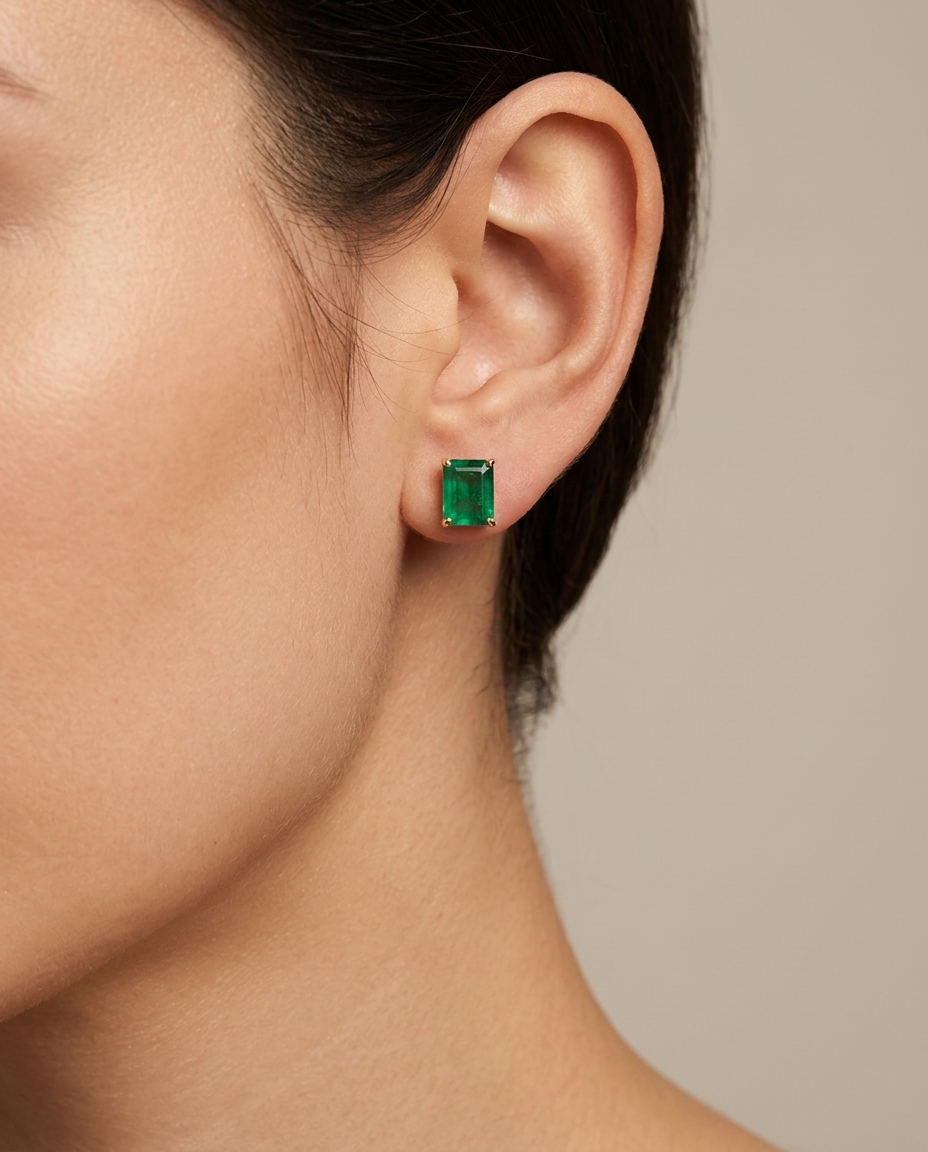 14KT Yellow Gold Emerald Earring Studs on model