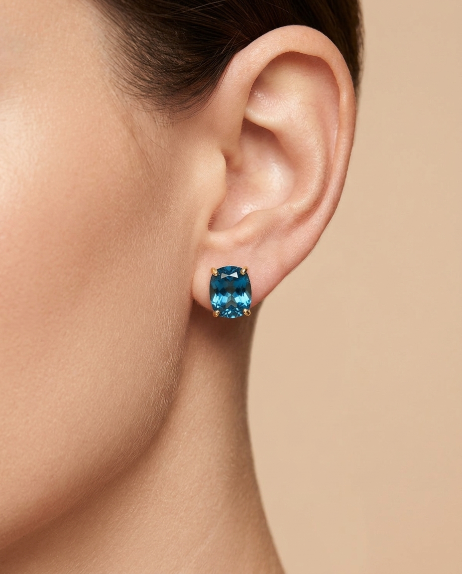 14KT Yellow Gold Blue Topaz Earring Studs view 2