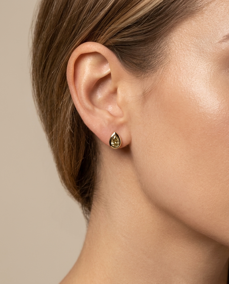 14KT Yellow Gold Pear Diamond Bezel Earring Studs view 2