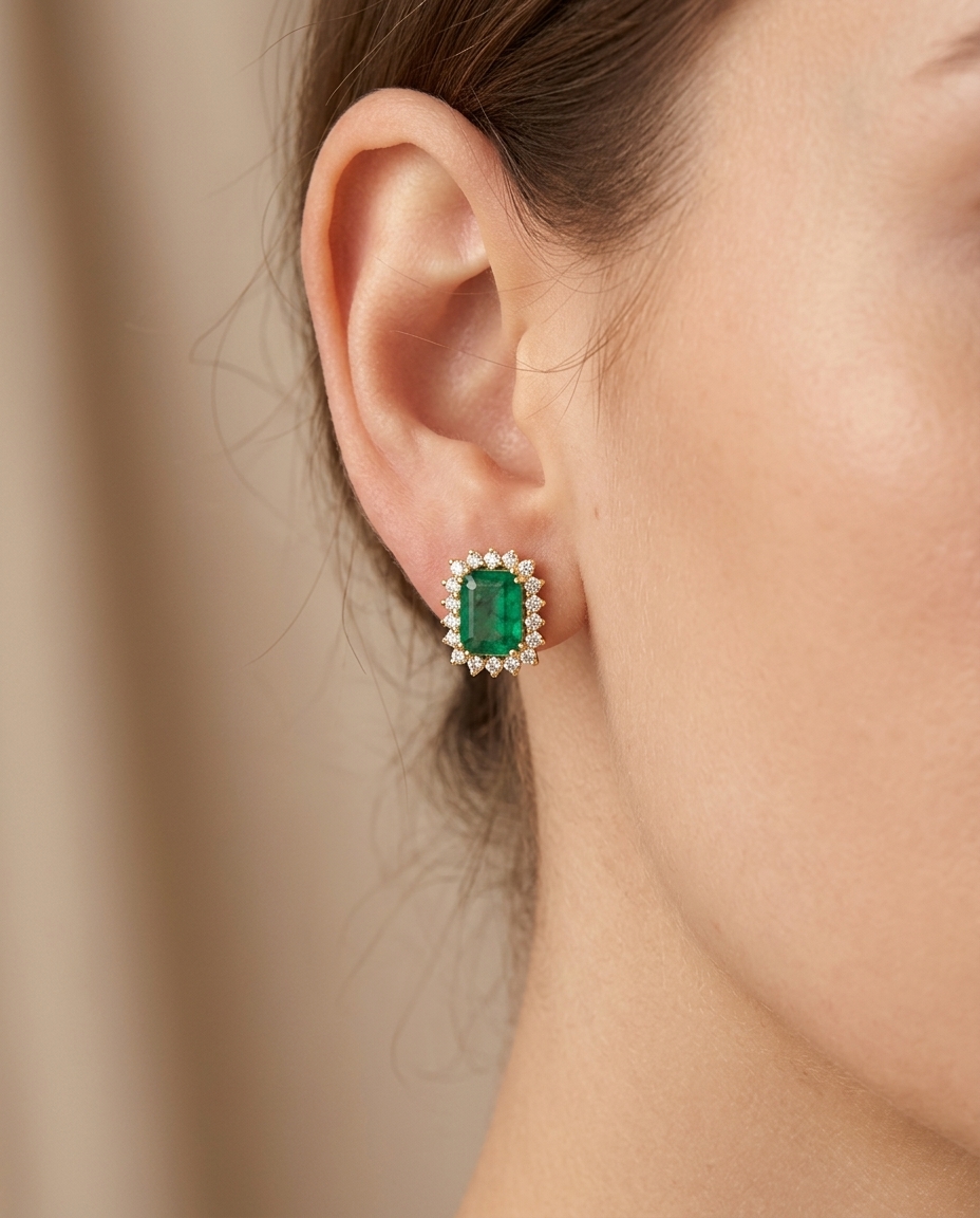 14KT Gold Emerald and Diamond Earring view 2