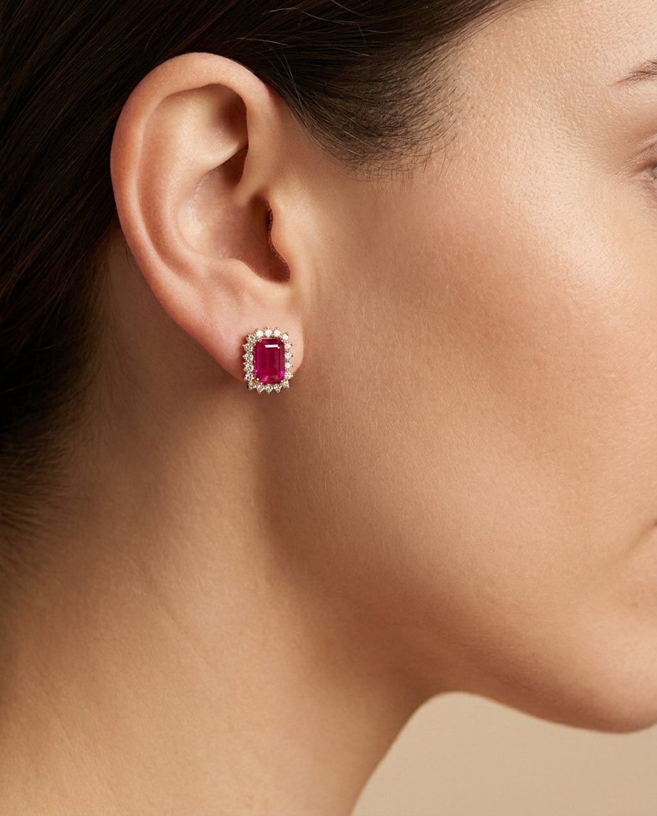 14KT Gold Ruby and Diamond Earring view 2