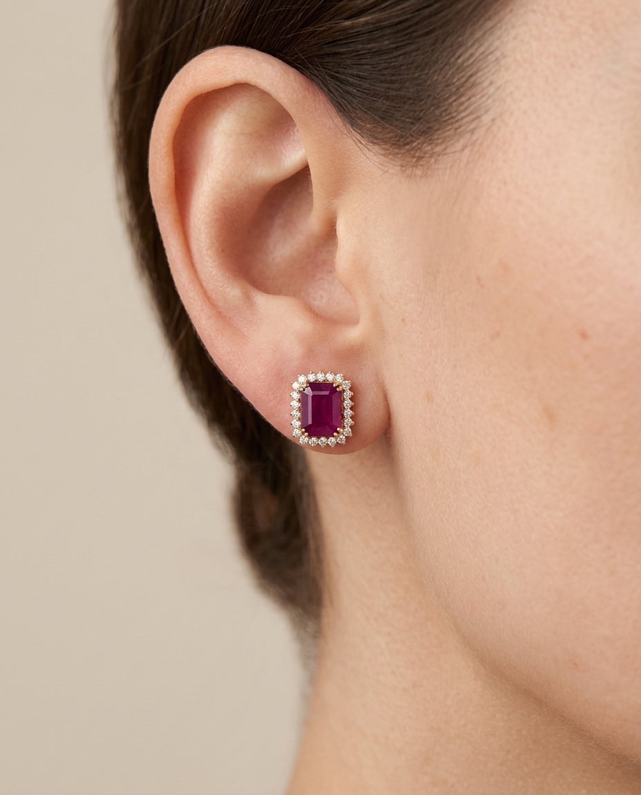 14KT Yellow Gold Ruby and Diamond Earring on model