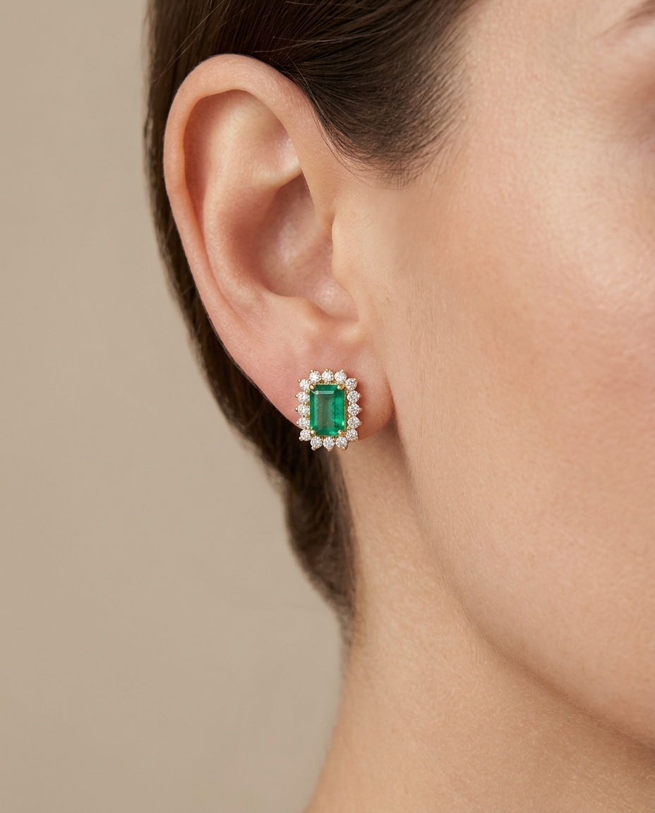 14KT Yellow Gold Emerald and Diamond Earring view 2