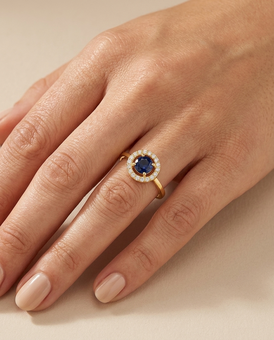14KT Yellow Gold Blue Sapphire and Diamonds Ring on model